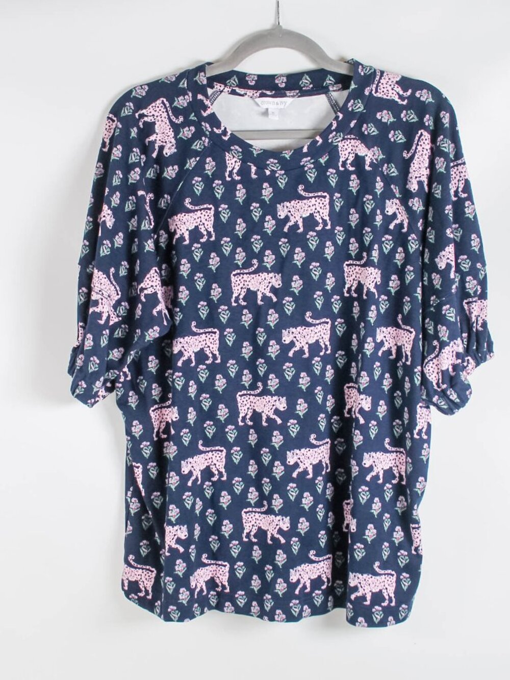 Crown & Ivy XL Navy Leopard Floral Print Puff Sleeve Knit Top Soft Stretch